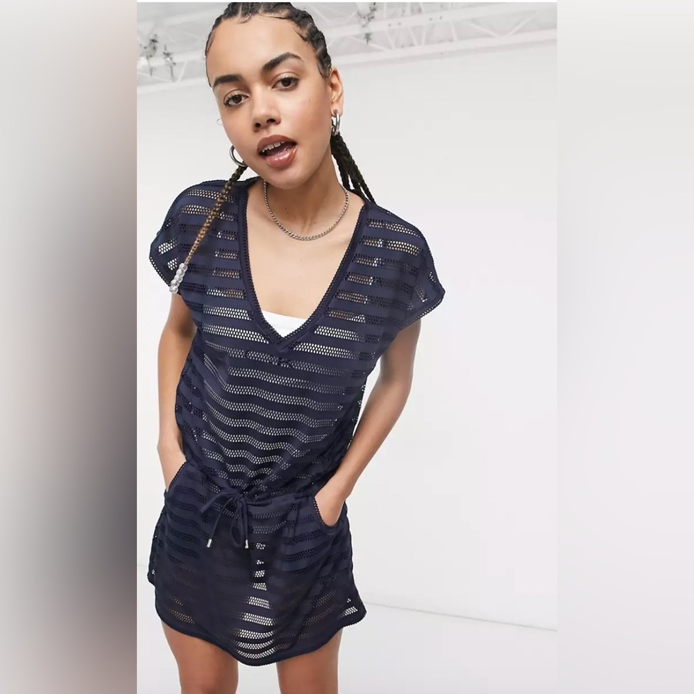 Calvin Klein Navy Blue Drawstring Waist V-Neck Swim Mesh Beach Cover Up